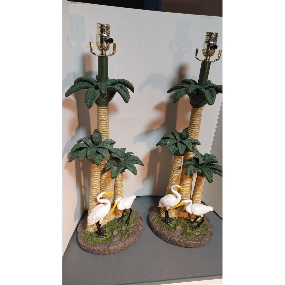 Mid-Century Hand-Painted Ceramic Palm Tree and Crane Lamps  ( Set of 2 )